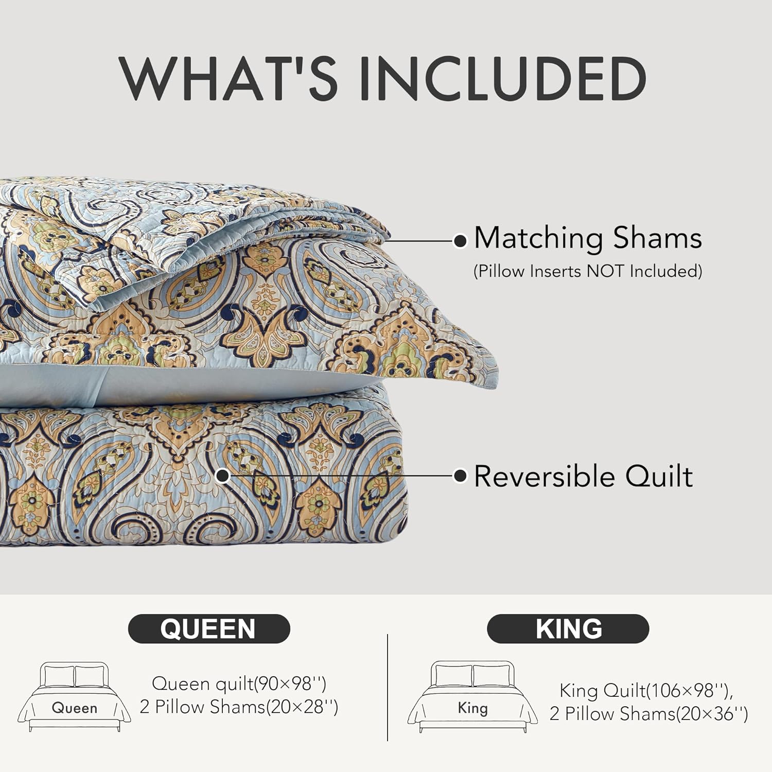 Paisley Quilt Set King Size - 100% Cotton Prewashed Lightweight Quilts - Reversible Elegant Damask Floral Bedspread with 2 Shams for All Season - Light Blue/Beige, 3 Piece | Breathable & Soft, Vintage Decor