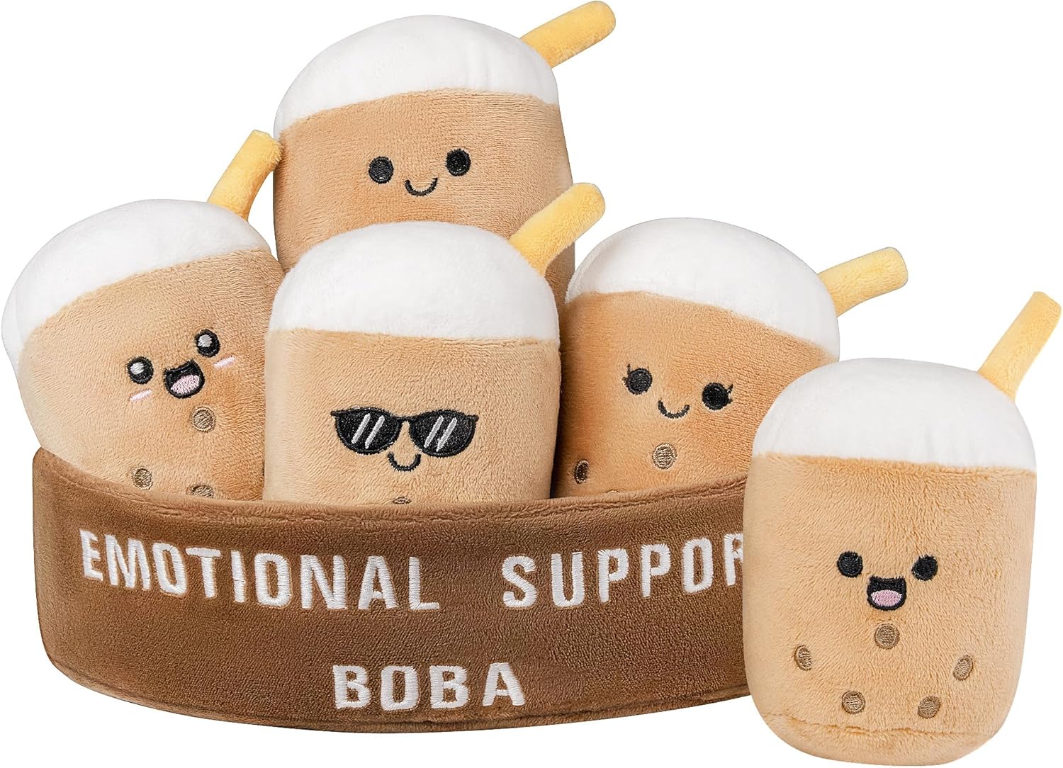 ZENLIV Emotional Support Boba Plush, 5 Cute Squishy Toys Stuffed Animal with Carrying Basket, Funny Cute Cuddly for Boba Lovers Adults, Inspirational Motivational Encouragement Gifts for Women Men