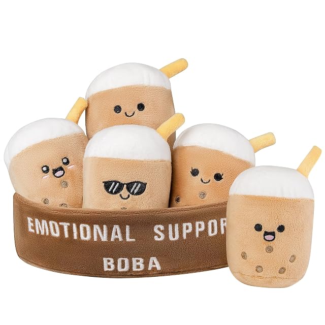 Emotional Support Boba Plush 5 Cute Squishy Toys Stuffed Animal with Carrying Basket Funny Cute Cuddly for Boba