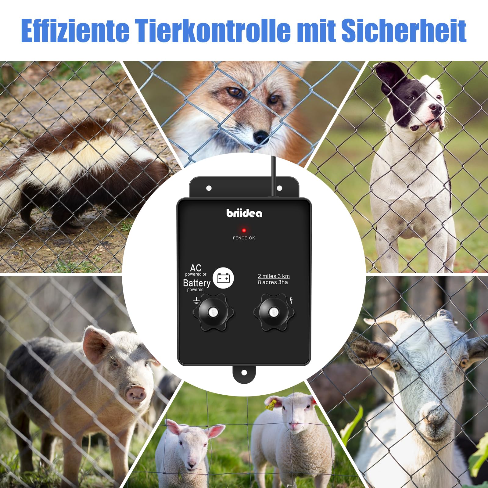 HEFC-04DE 230V Weidezaungerät, Briidea 2-Meile 8 Acres 2-in-1 Elektrischer Zaunladegerät betrieben von Batterie oder Netzadapter, 3 Joule, Schützen Sie Ihr Vieh, Gartenweide vor Wildtieren