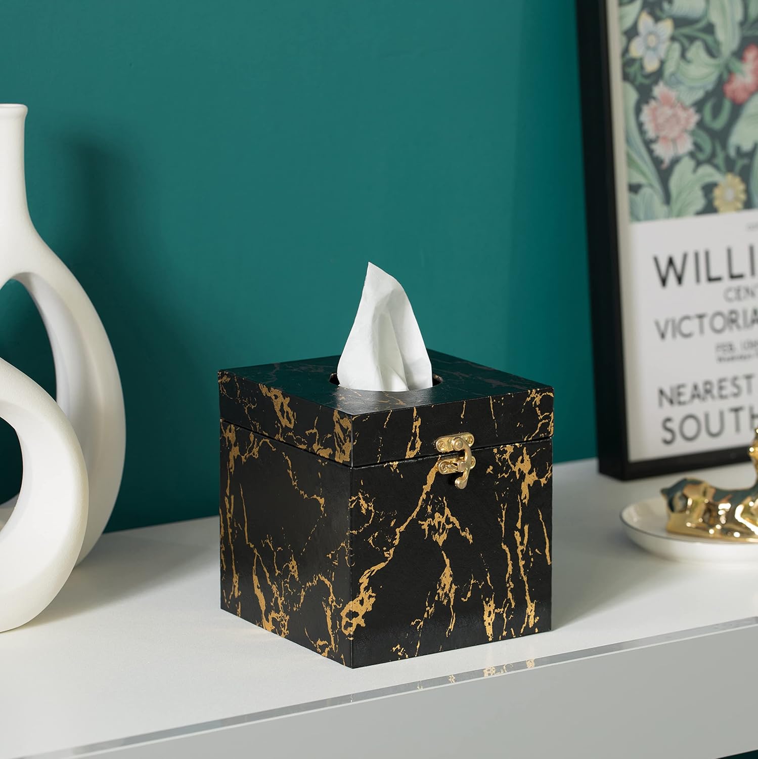 Square Velvet Modern Decorative Paper Facial Tissue Box Holder, Black, and Gold : Home & Kitchen