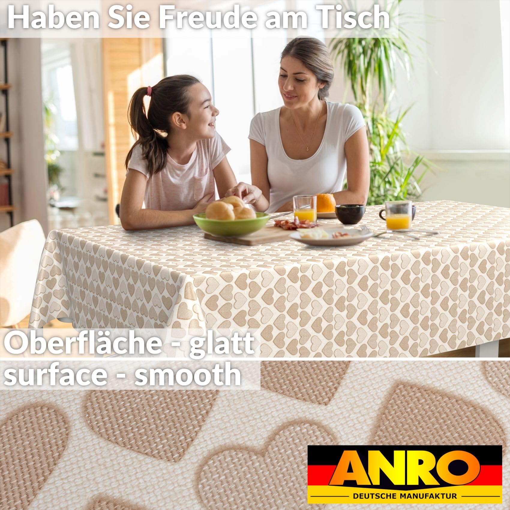 ANRO Oilcloth Tablecloth, Washable, Oilcloth, Garden Tablecloth, Outdoor, Indoor, 100 x 140 cm, Cut Edge, Heart, Beige - Image 3