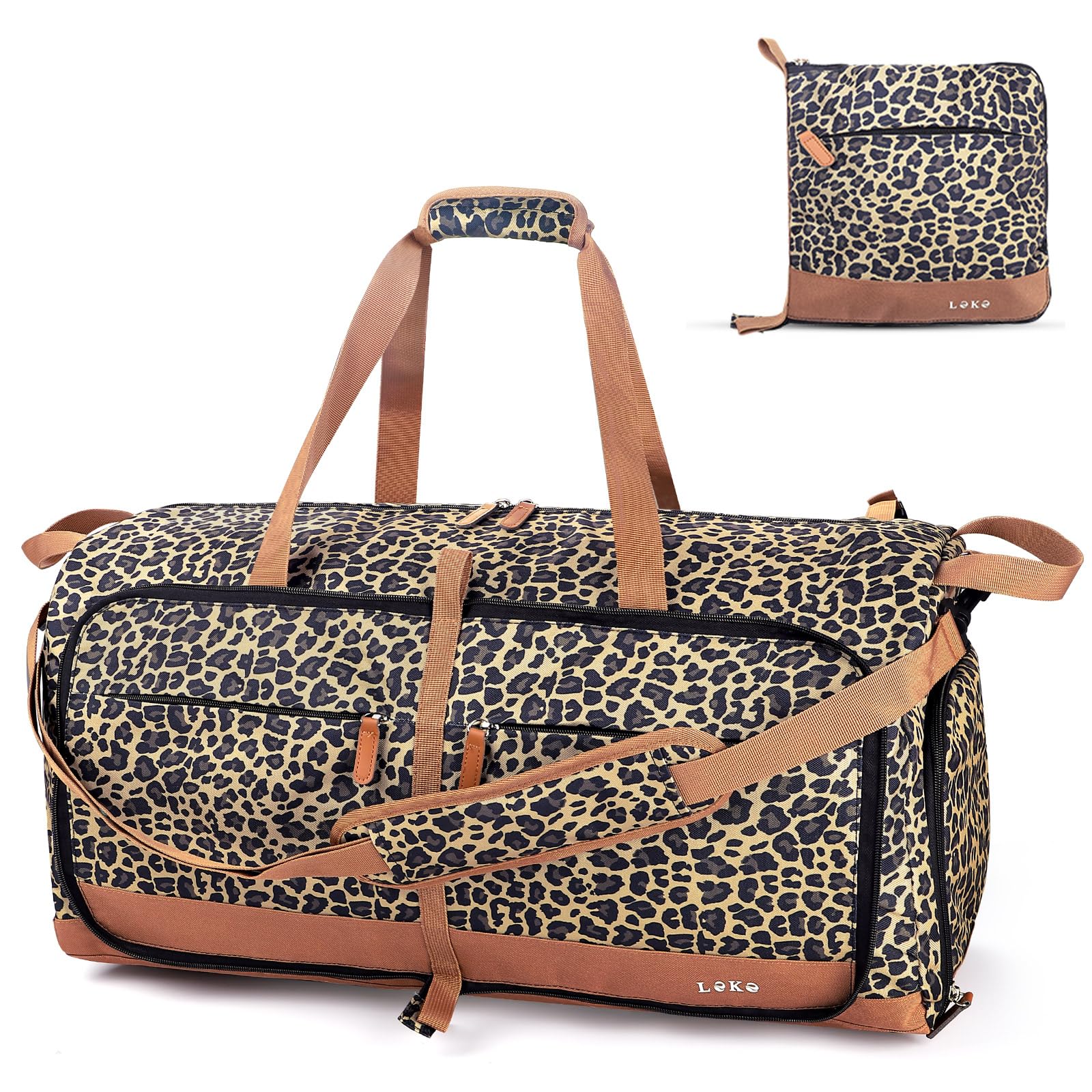 Lekesky Foldable Travel Duffel Bag for Women, 80L Large Duffle Bag with Separate Shoes Compartments &amp; Straps, Carry On Weekend Bag for Women, Hospital, Overnight(Leapord)