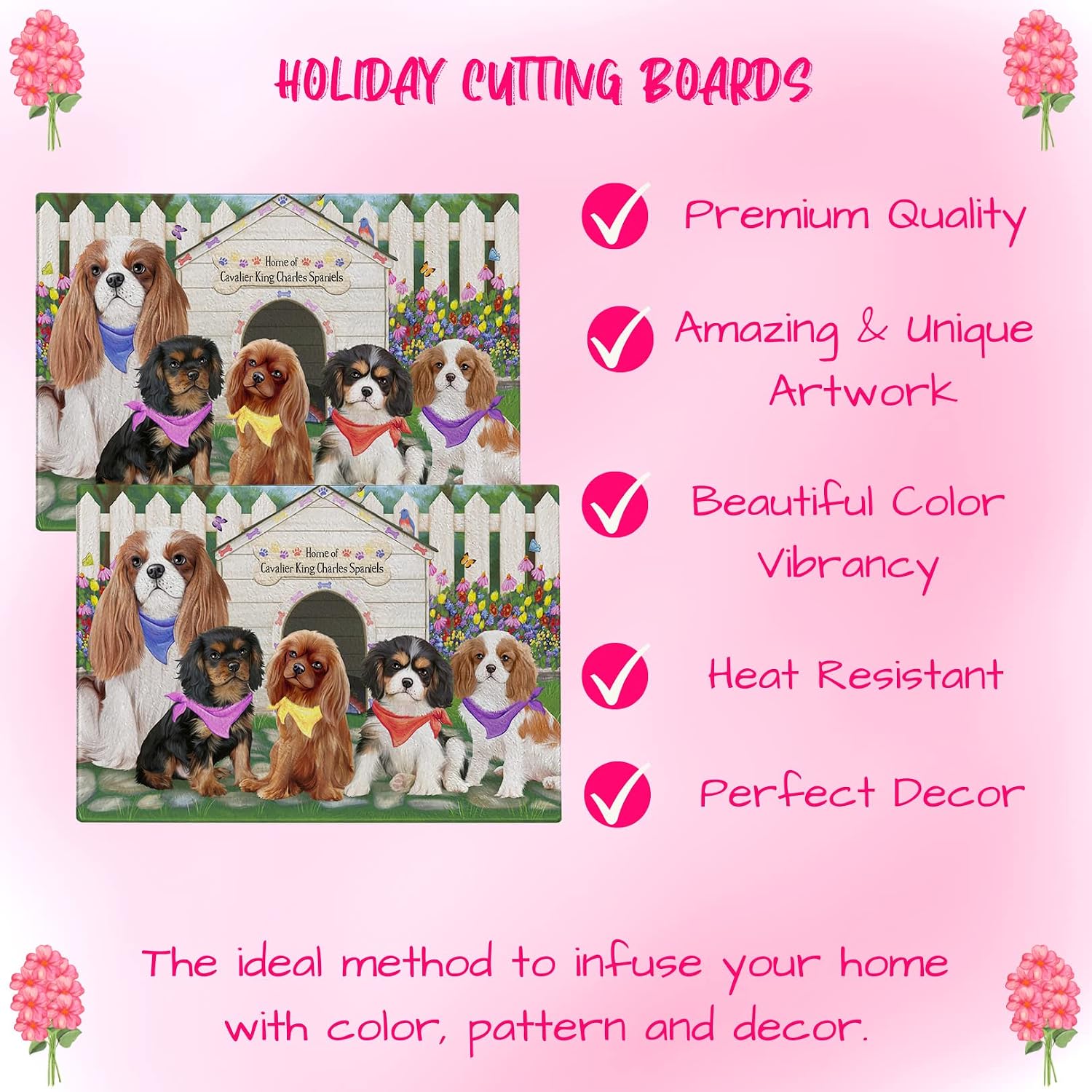 Spring Dog House Cavalier King Charles Spaniel Dogs Cutting Board For Kitchen - Scratch & Stain Resistant - Designed To Stay In Place - Perfect for Chopping Meats, Vegetables - 16" x 12"
