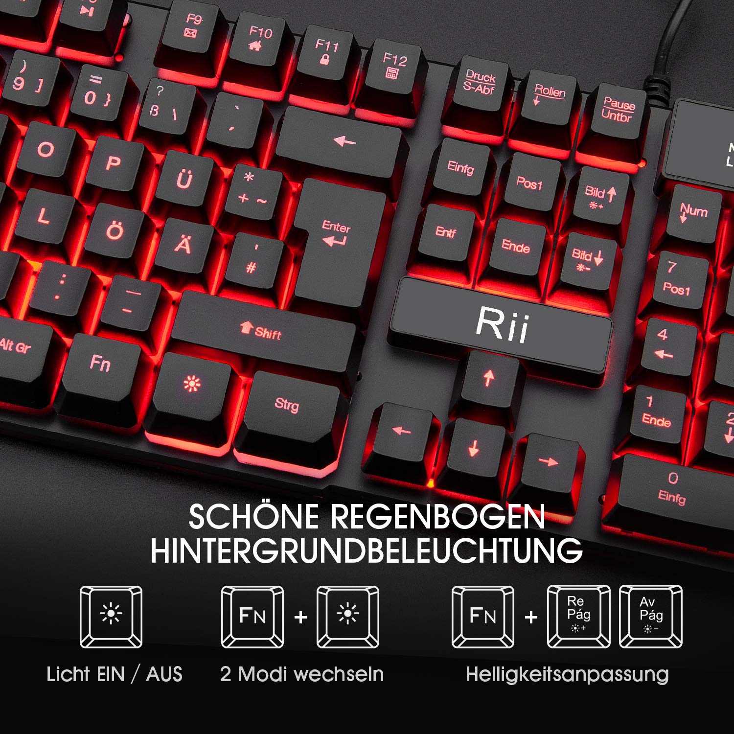 Rii Gaming Tastatur und Maus Set, 3 LED Hintergrundbeleuchtung, ideal für Gaming und Büro, Kompatibel mit PC (DE-Layout, Schwarz)