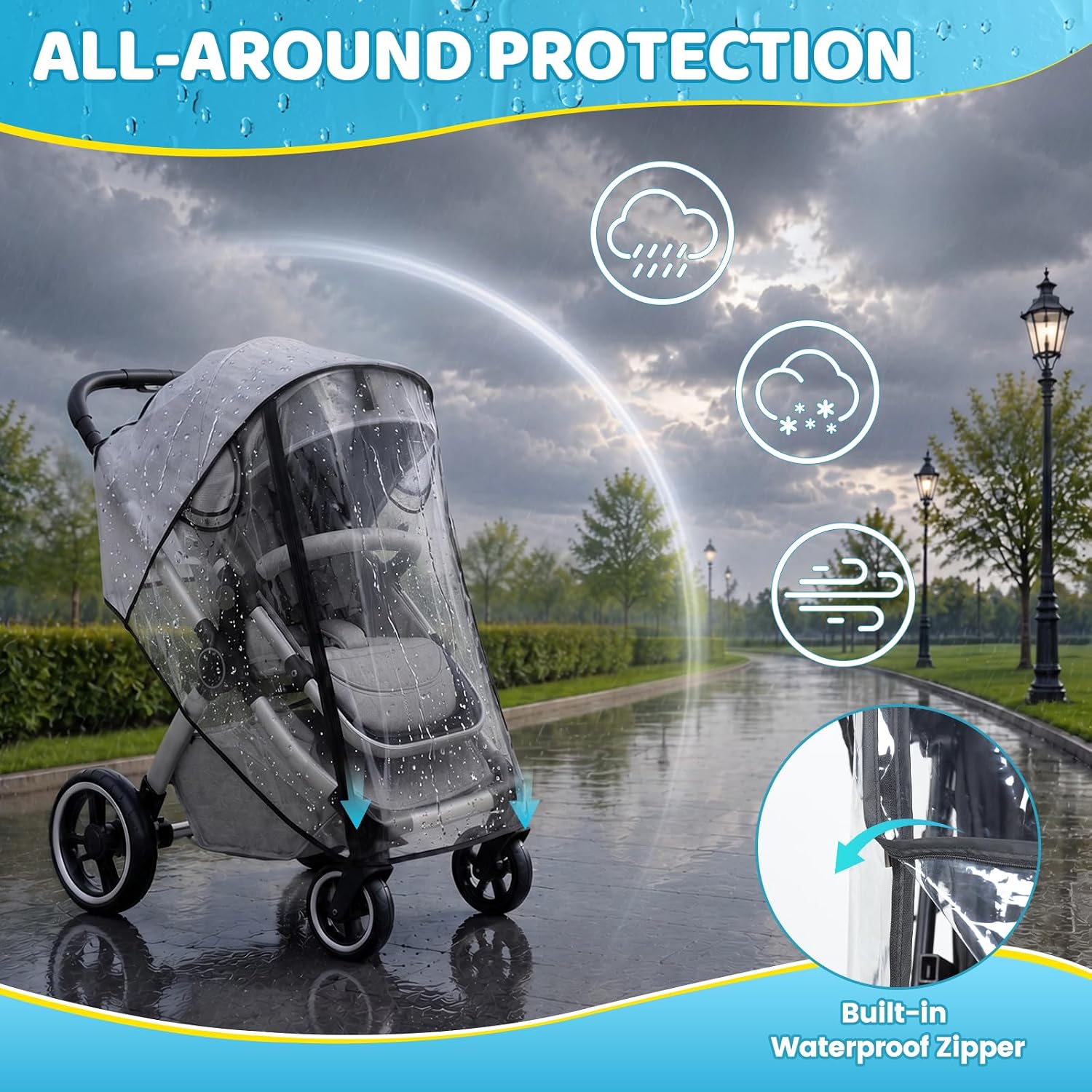 Clear Stroller Rain Cover for Travel Strollers, Waterproof Recessed Zipper Design, Breathable Mesh Vents, Easy Access, Protects from Rain Wind Dust Snow