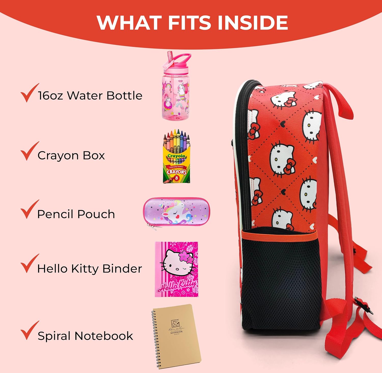 Hello Kitty Backpack for Girls 16 Inch Large School Backpack with Front Pocket, Water Bottle Holders, Adjustable Straps, Cute Red Bookbag for Kids, Back to School - Image 4