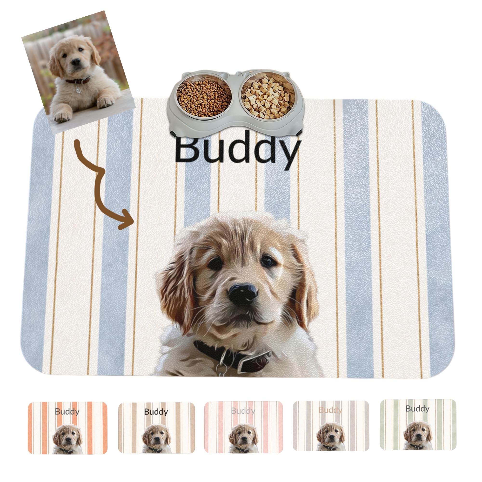Personalised Dog Bowl Mat - Custom Photo & Name Feeding Mat with Coloured Striped Design Non-Slip Food Bowl Placemat for Dogs Cats - Personalised Dog Mats for Food - Customised Gift for Pet Lovers