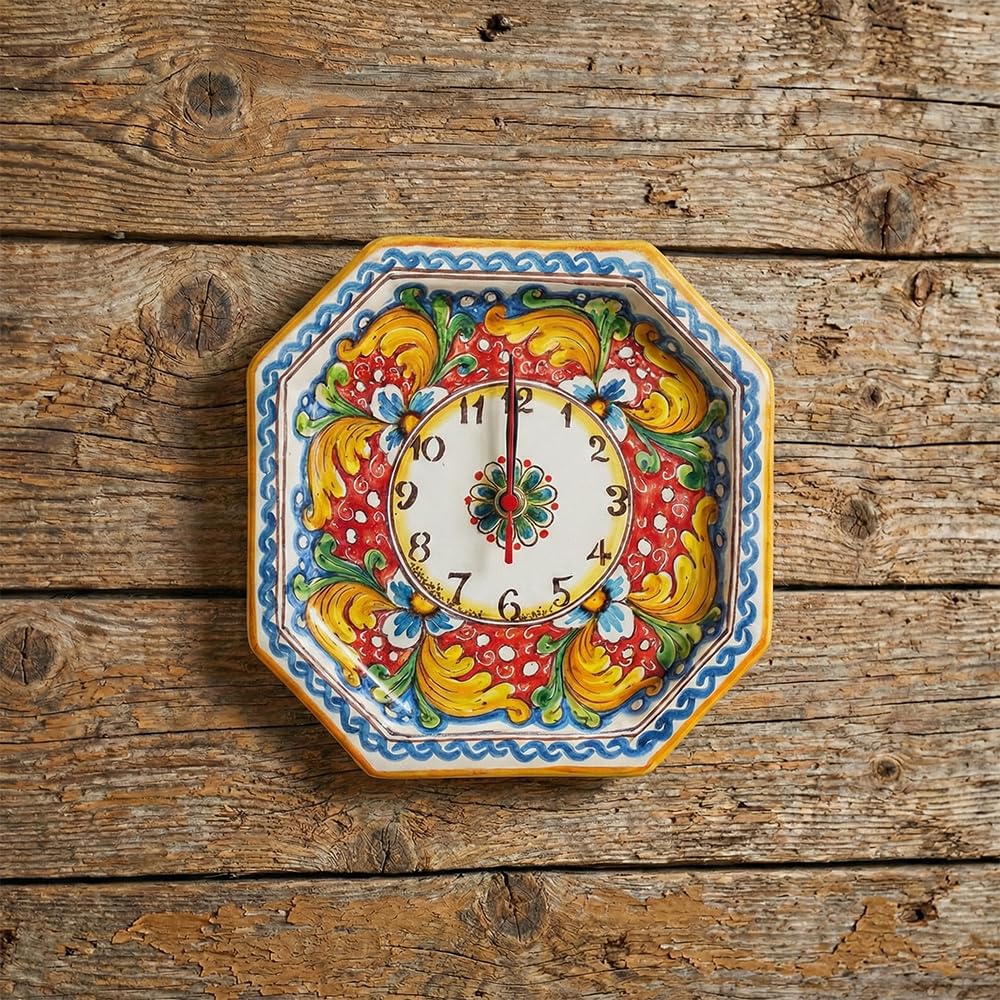 Horloge murale en céramique sicilienne peinte à la main fleur rouge 24cm