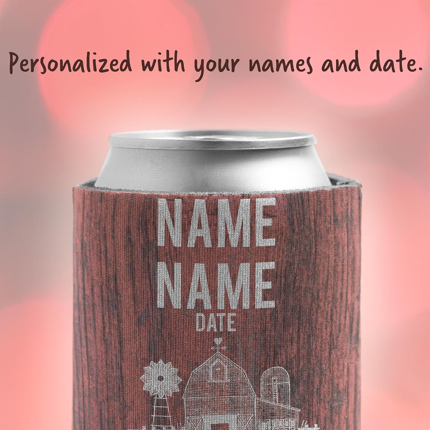 VictoryStore Custom Wedding Can Coolers – “Left the Farm and Cows” Design – Set of 150 Personalized Barn-Themed Drink Sleeves – Fits 12 oz Cans & Bottles – Rustic Wedding Favors – Made in USA