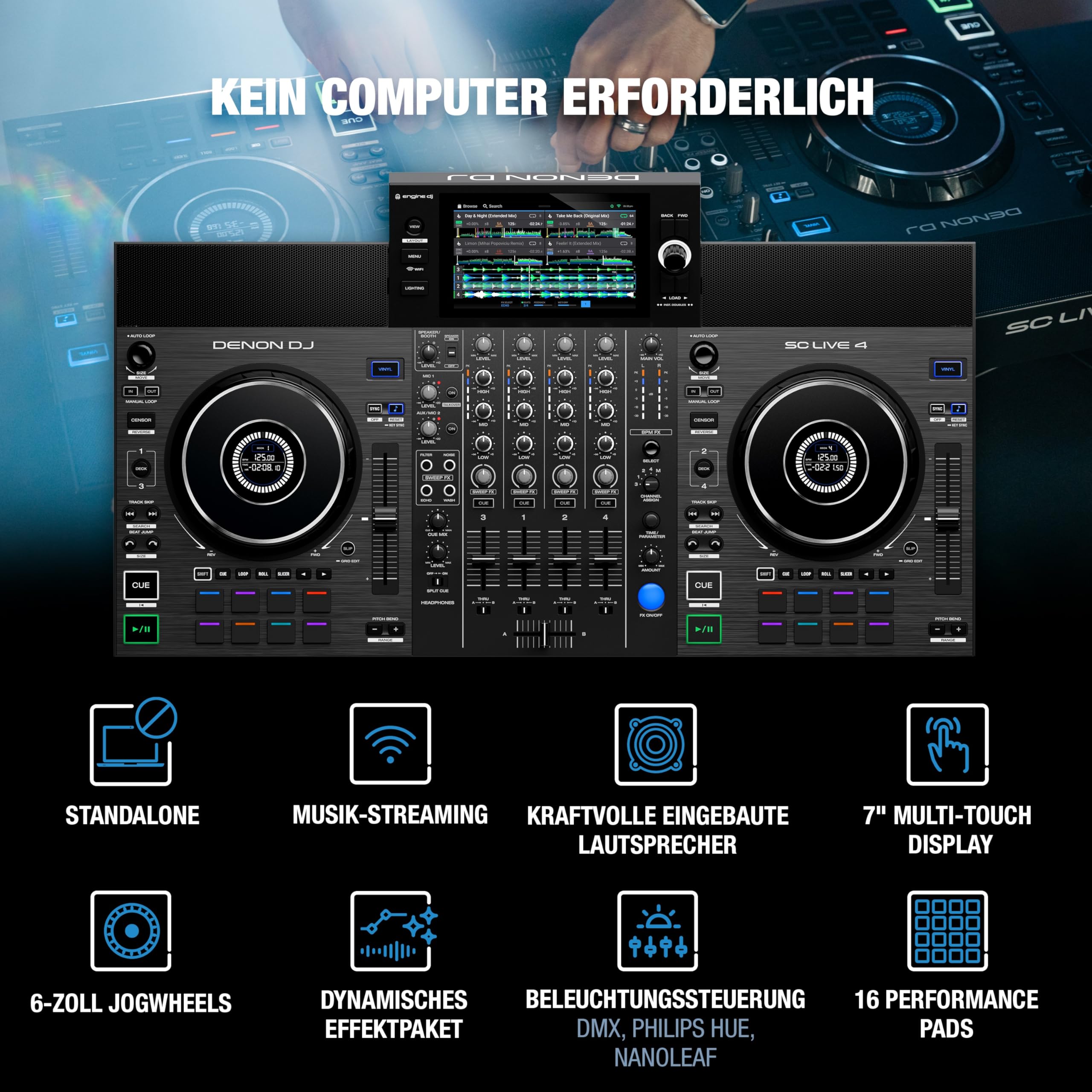 Denon DJ SC LIVE 4 - Controlador DJ autónomo, mezclador 4 canales, streaming de Amazon Music & SoundSwitch DMX Micro Interface - interfaz de USB a DMX ultra compacta