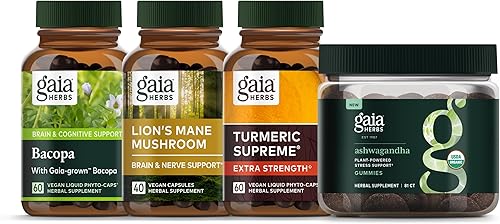 Gaia Herbs Kit de enfoque - Bacopa, hongo melena de león, gomitas Ashwagandha, cúrcuma suprema extra fuerte