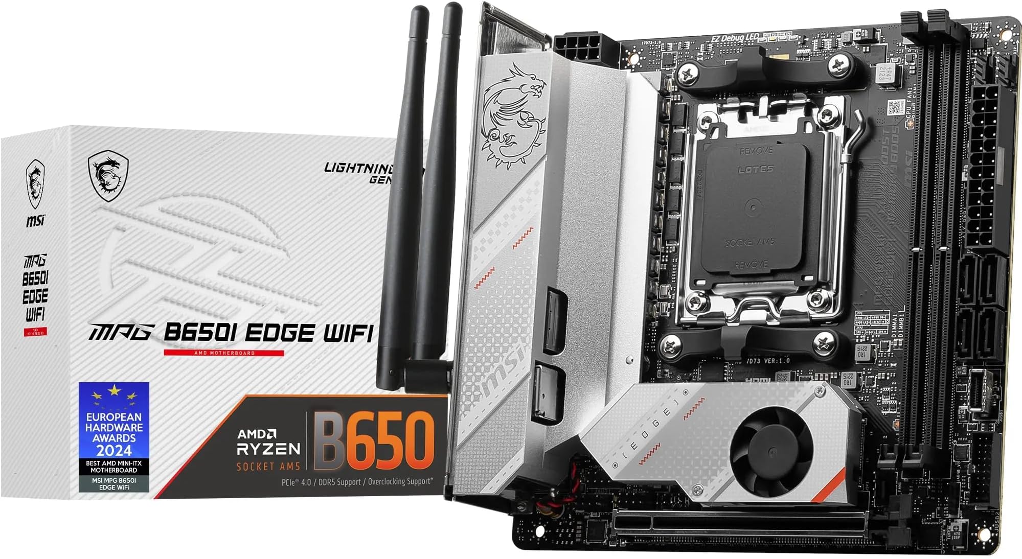 MSI MPG B650I EDGE WIFI Motherboard, Mini-ITX - Supports AMD Ryzen 9000 Series CPUs, AM5-8 phases direct CPU power 80A VRM, DDR5 Memory Boost 6600+MHz/OC, 1 x PCIe 4.0 x16, 2 x M.2 Gen4, Wi-Fi 6E