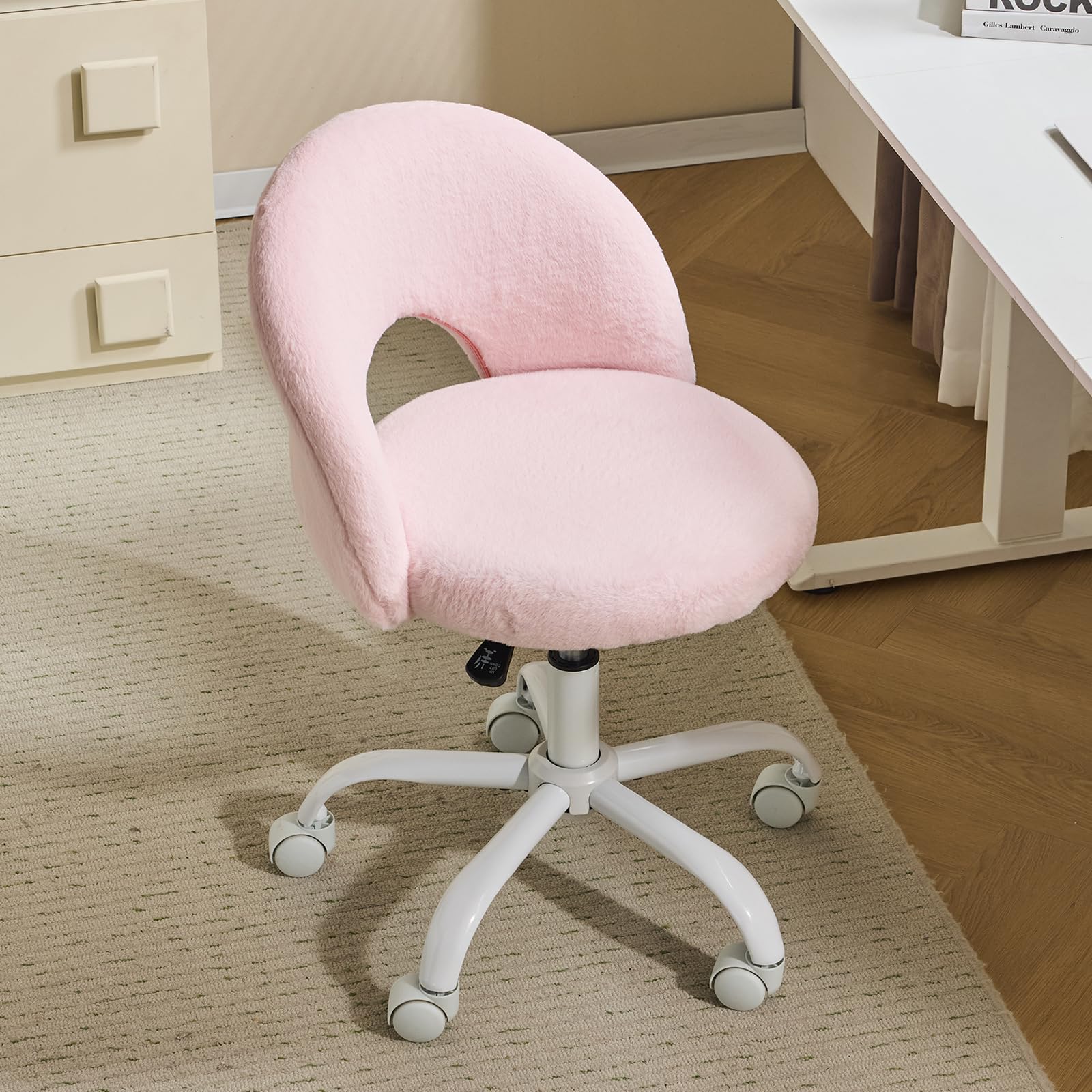 Bonnlo Homeoffice Stuhl, Schreibtischstuhl, Schminktisch Stuhl, Bürostuhl ohne Armlehnen, Drehstuhl mit Rollen, Höhenverstellbar, Homeoffice, Make up (Kunstkaninchenfell, Rosa)