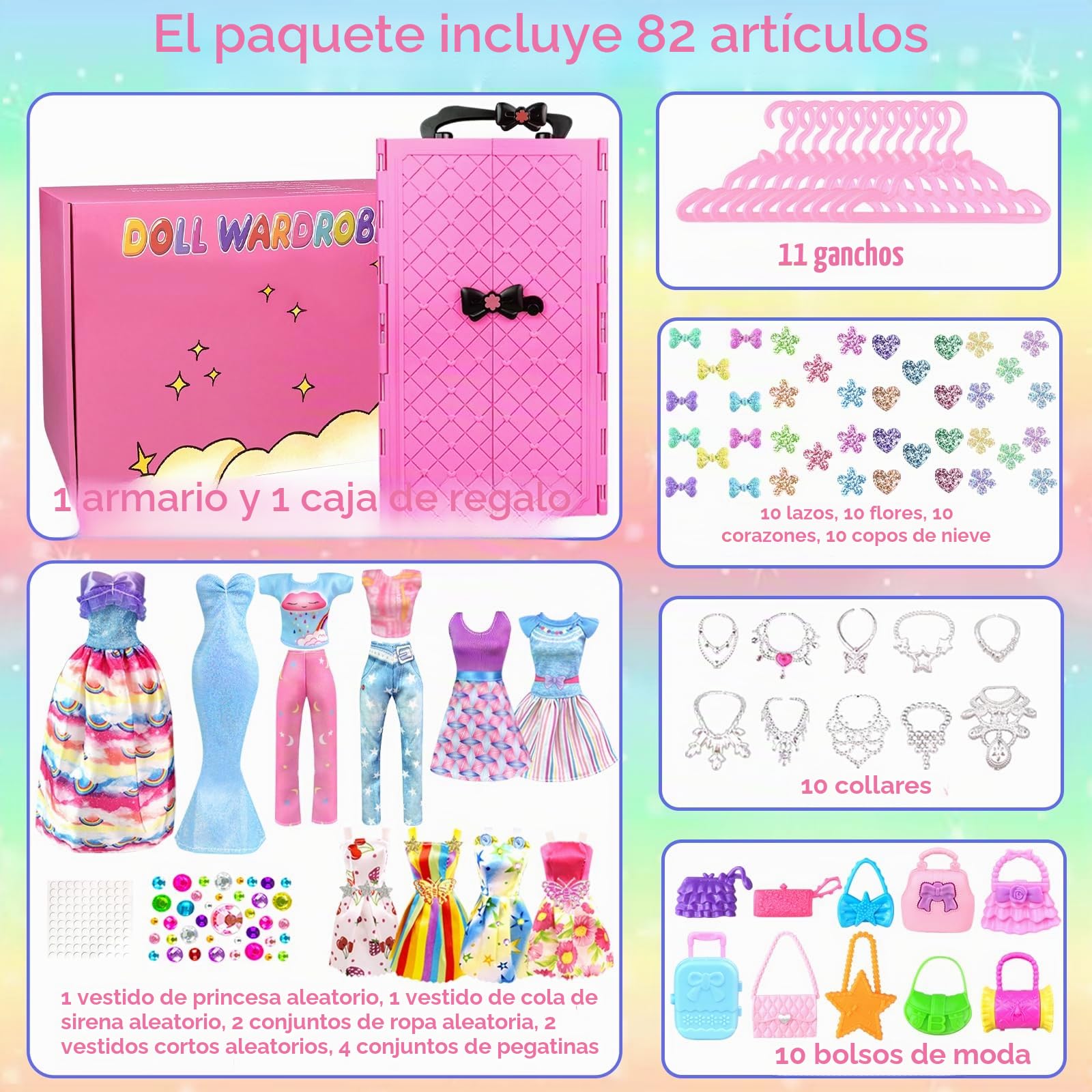 82PCS Ropa y Accesorios para Muñecas con Armario para 11.5 Pulgadas muñeca - Juego de Muñecas de Diseño de Moda Que Incluye Vestido de Muñeca Tops y Pantalones Perchas Bolsas para Niñas