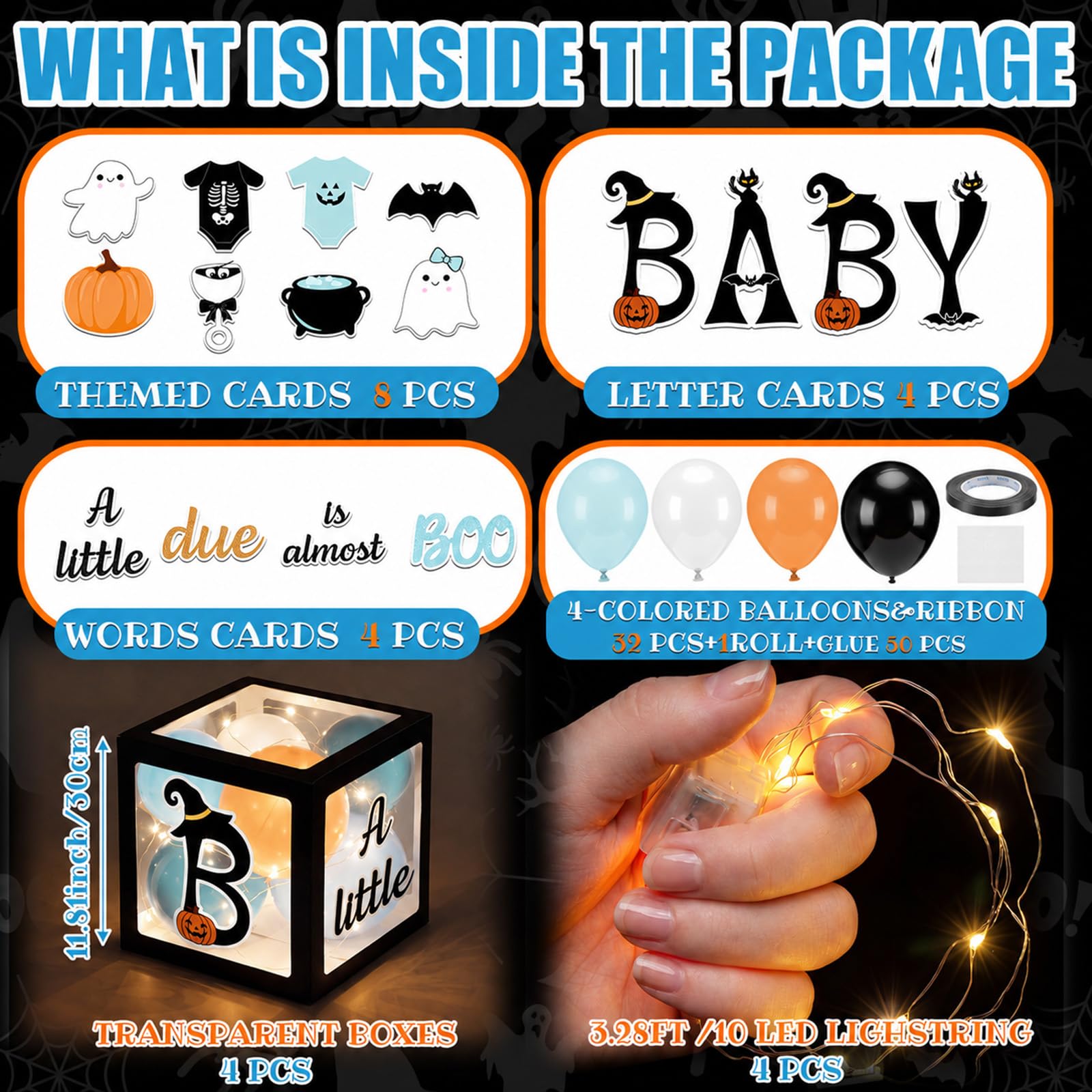 Blueweenly 56 pezzi A Little Boo Is Almost Due Decorazioni Baby Shower 4 pezzi Scatola trasparente con 4 corde di luci LED, carte e palloncini nero Baby Shower Party Forniture