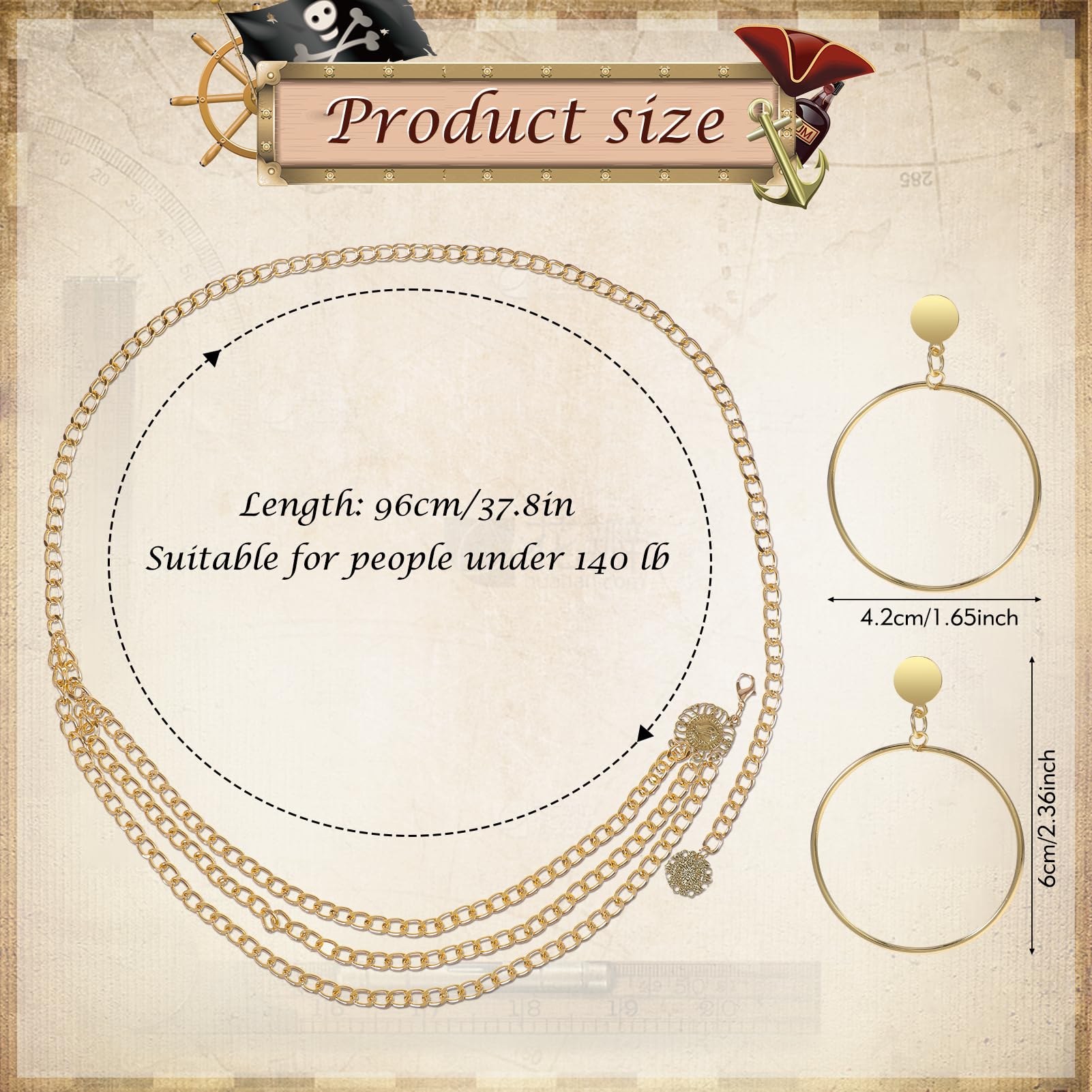 HOWAF Pirate Accessories Adult Women, Head Scarf, Eye Patch, Waist Chain, Earrings, Hair Accessories - Image 4
