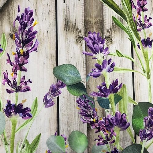 Miniatura 3 de Cortina de ducha con puerta de granero occidental para baño, lavanda púrpura y verde corona de eucalipto en tableros de madera rústica, cortina de