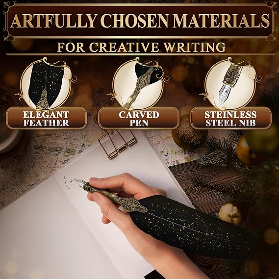 Lagarto Feather Pen and Ink Set, 11.4, 3 Steel Nibs, Inkwell (Black)