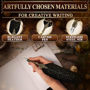 Lagarto Feather Pen and Ink Set, 11.4, 3 Steel Nibs, Inkwell (Black)