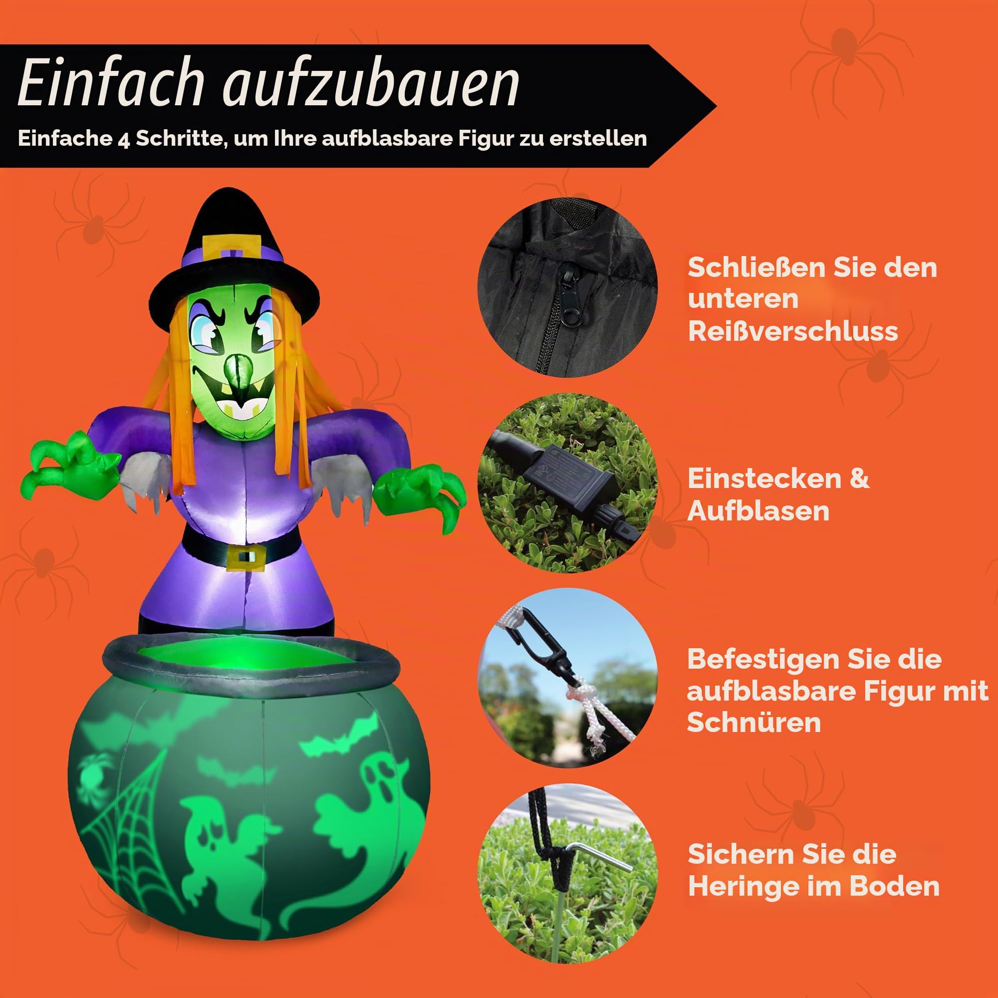 Joiedomi 6 Fuß große aufblasbare Hexe und Kessel-Dekoration für Halloween mit projizierendem rotierendem grünem Geisterlicht, aufblasbare Gartendekoration mit eingebauten LEDs für Halloween-Partys