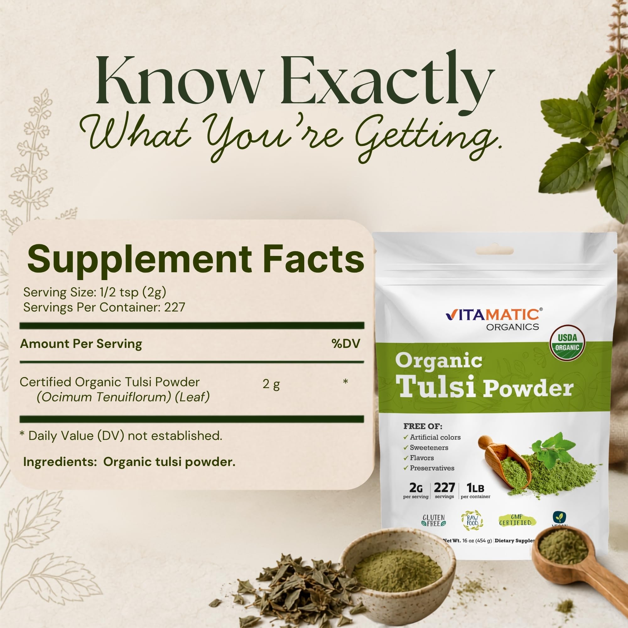 Vitamatic Certified USDA Organic Tulsi (Holy Basil) Powder – 1 Pound (16 Ounces) – Adaptogenic Herb for Stress, Immunity & Overall Wellness — Amazon image 2