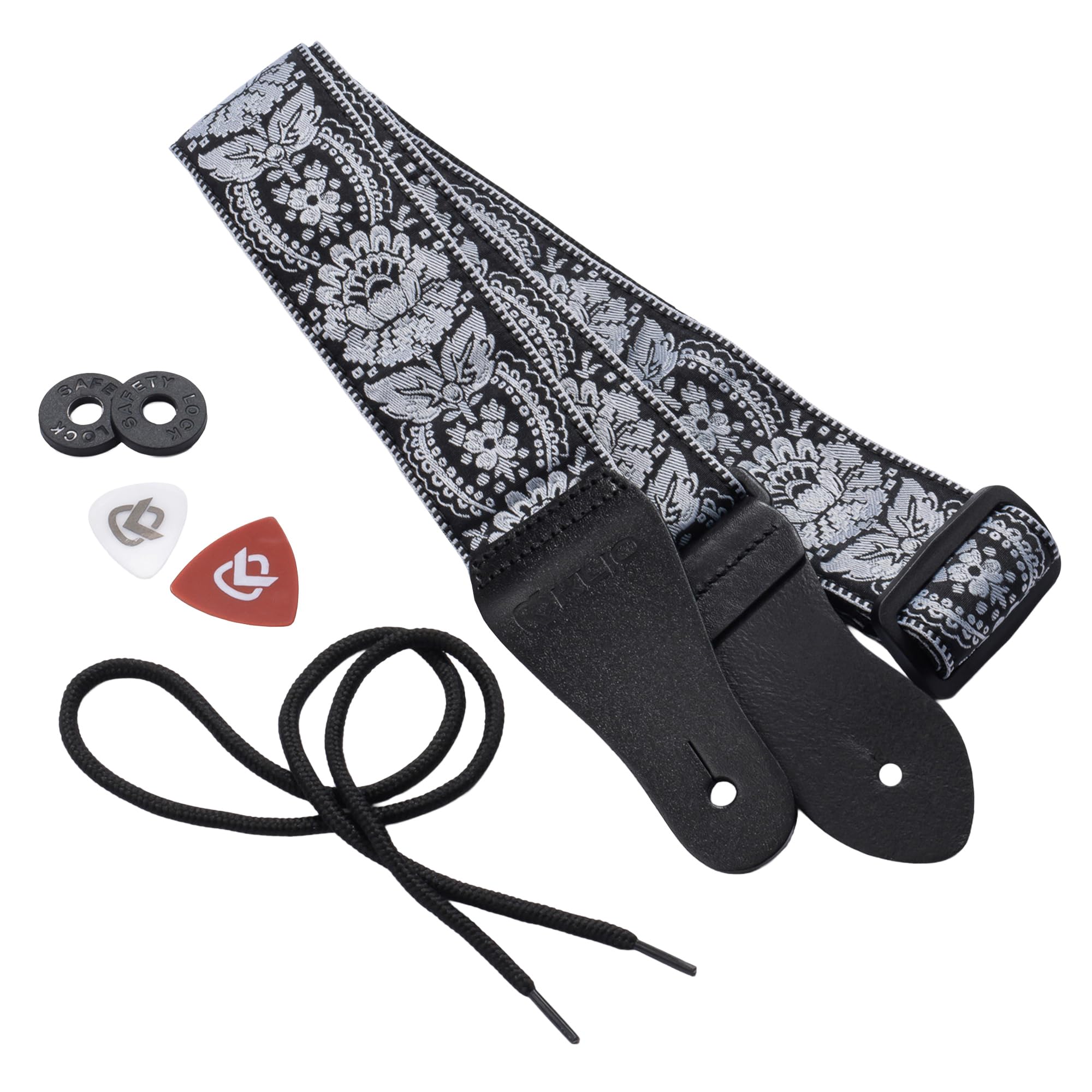 KLIQ Vintage Woven Guitar Strap for Acoustic and Electric Guitars | '60s Jacquard Weave Hootenanny Style | 2 Rubber Strap Locks Included (Flower, Black and Silver Sunburst)