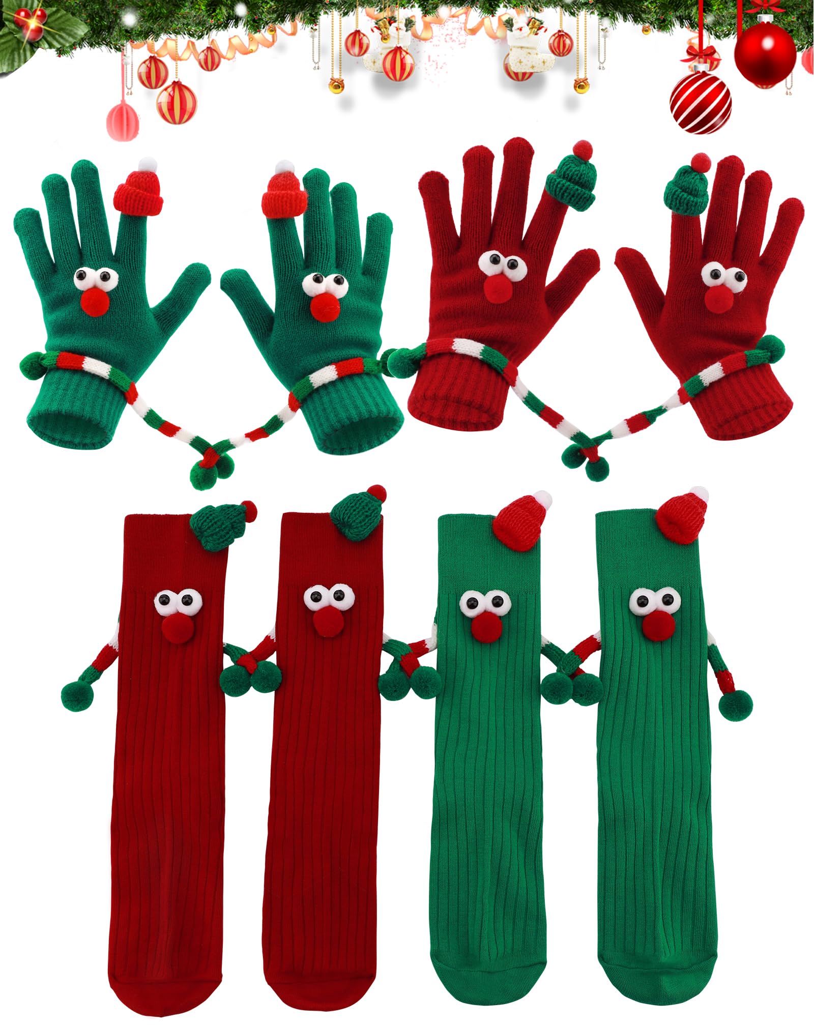 Yawlsow Lot de 2 paires de chaussettes de Noël avec ventouse magnétique et petit chapeau