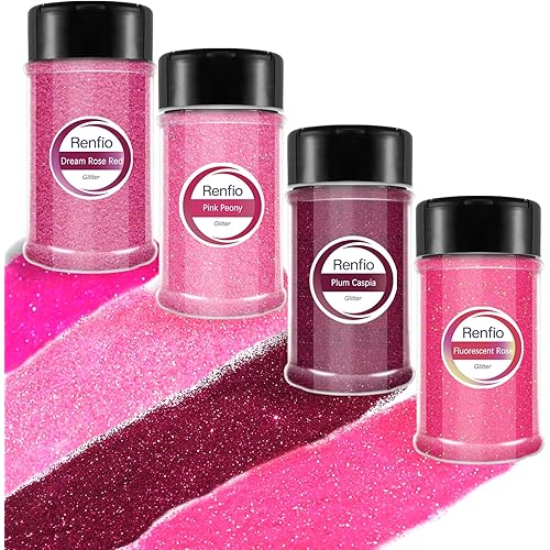 Renfio Glitter, 4 Colors Glitter Set, Total 7.76oz Fine Glitter PET Flakes Crafts Sequins 1/128" Glitter Powder Chips Flakes for Glitter Rose Bouquet Bottles Pens Greeting Cards - Pink Flower Sea