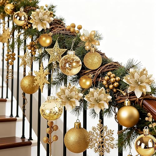 Miniatura 3 de Juego de 76 piezas de decoración para árbol de Navidad, adornos dorados surtidos con grandes bolas de plástico inastillables, adorno de árbol de