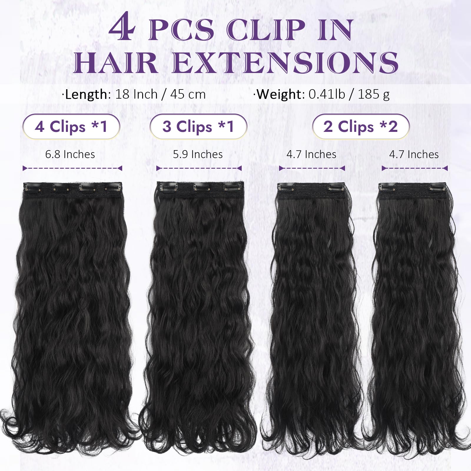 RUWISS Extension Capelli Clip, 4PCs Extension Capelli Ricci Ondulati 45 cm Lunga Sintetici Clip Extension Posticci Hair Extension per Donna (Nero Naturale)