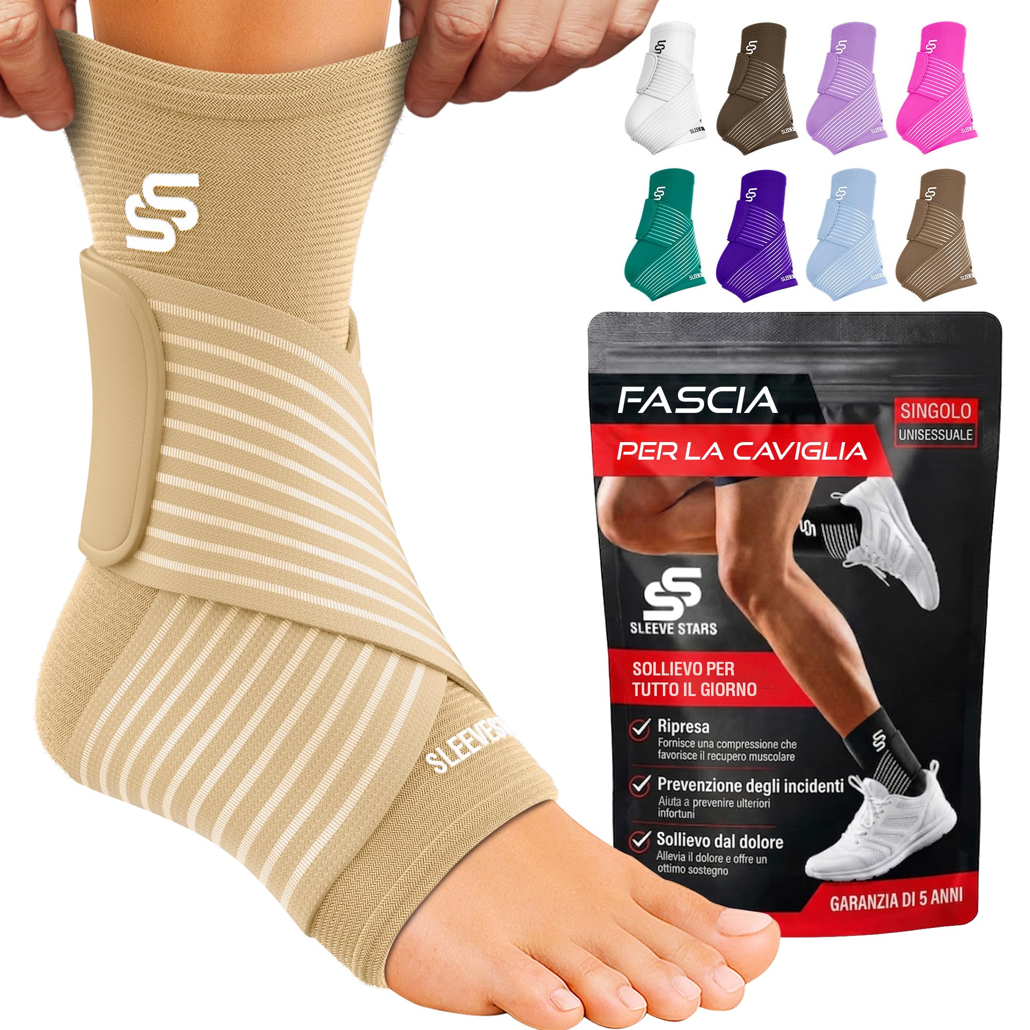 Sleeve Stars Cavigliera Ortopedica per Distorsione - Cavigliera Sportiva, Rimedio Fascite Plantare e Tendine d'Achille, Fascia Elastica Caviglia con Cinturino per Uomo e Donna (singolo/beige)