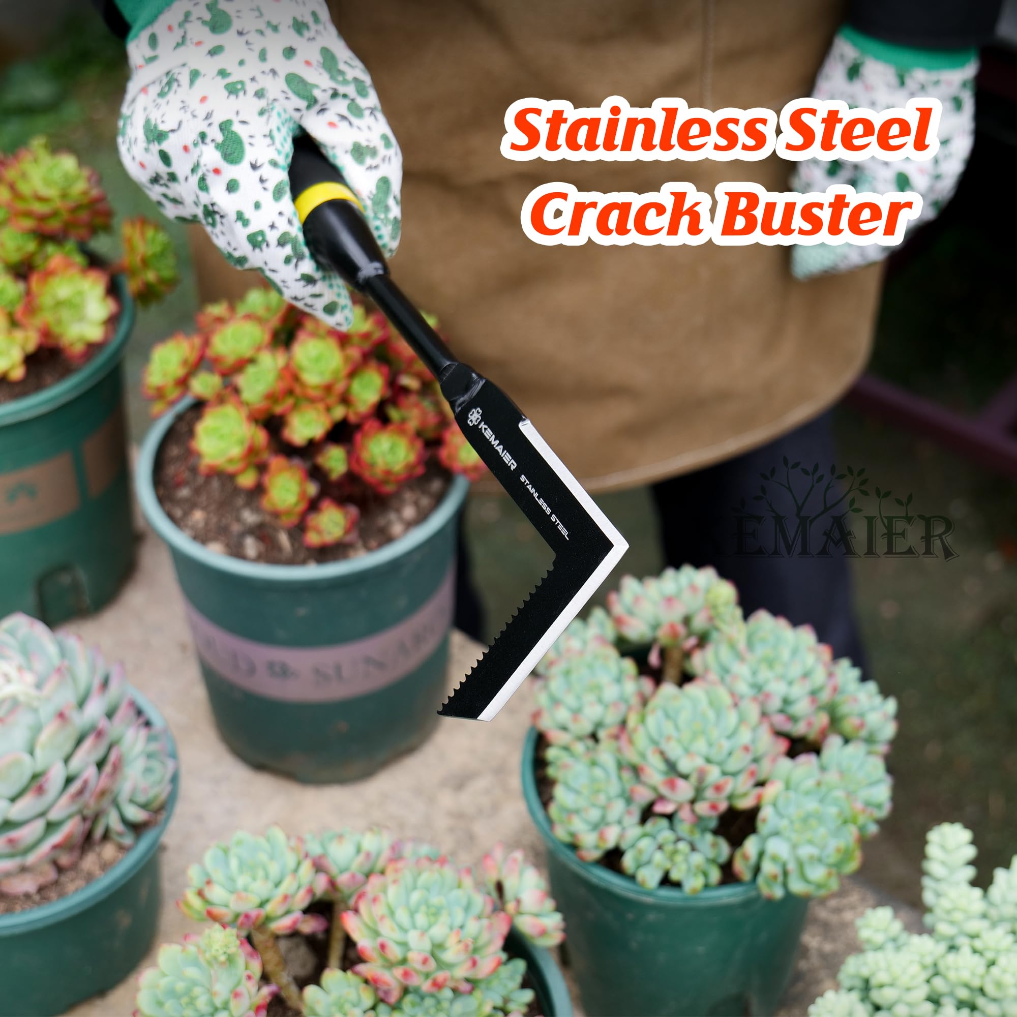 Kemaier Juego de Herramientas de jardín: con un cultivador Manual de Acero Inoxidable Resistente, Pala de trasplante, Pala, desbrozador de Grietas y desbrozador de Diente de león | Excavación sin esfuerzo, plantación de precisión, deshierbe afilado, para