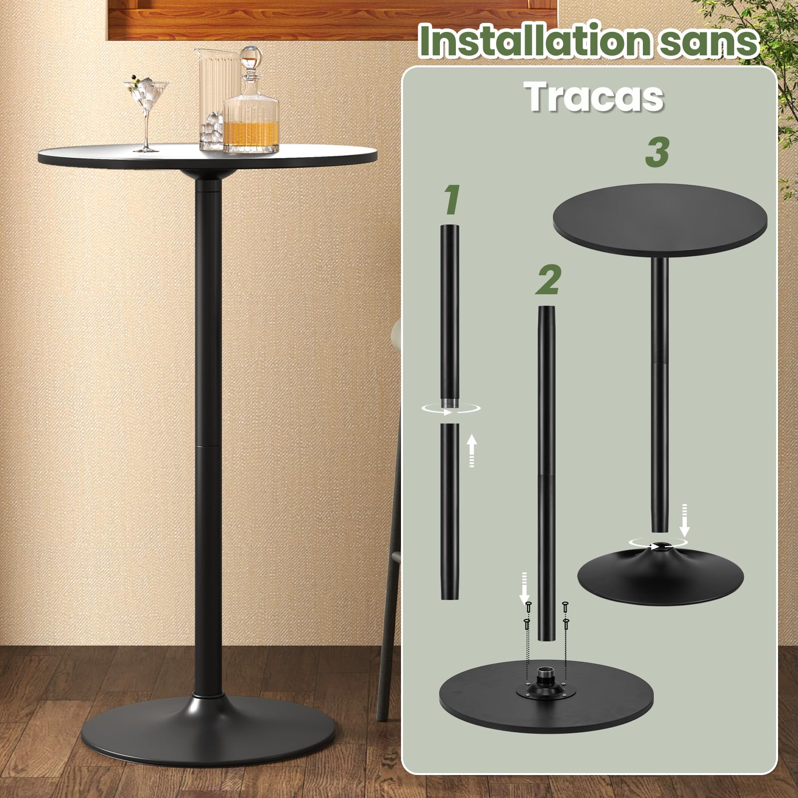RELAX4LIFE Table Bar Ronde Haute, Table Haute Mange Debout, Hauteur Réglable 100/56 CM, Base en Métal, Style Moderne, Montage Facile, pour Bistrot, Café, Bar, Dia.60 CM (Noir,2)