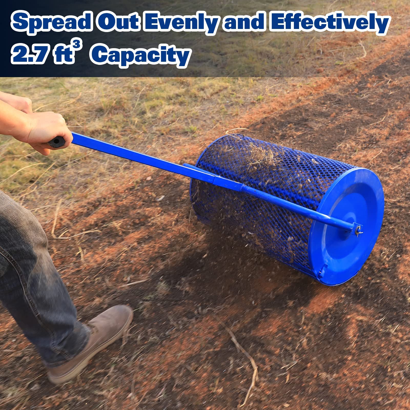 Spandiconcime per prato/giardino, spandiconcime per torba e compost, rullo per topdressing con cestello in rete metallica da 24" con maniglia a forma di T di aggiornamento per topdressing, compost,