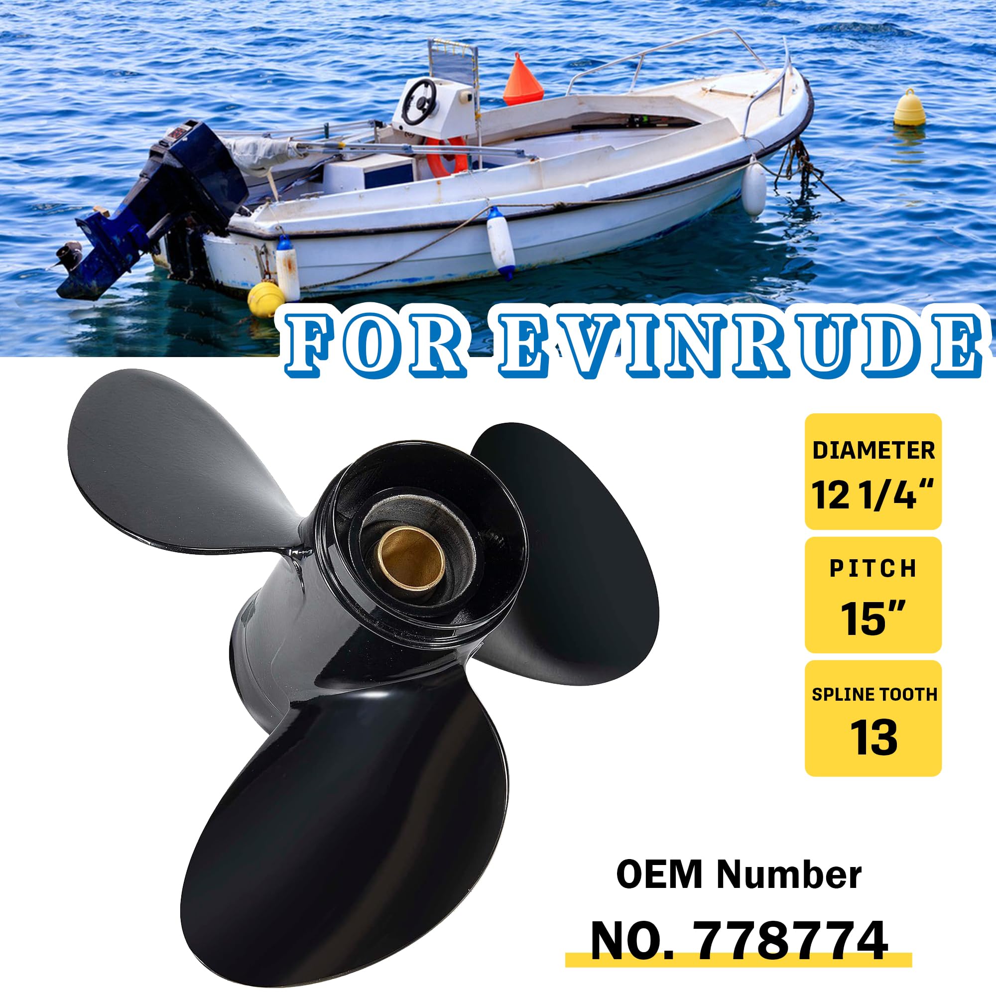 12 1/4x15 Aggiornamento Alluminio Fuoribordo Barca Elica per BRP Johnson Evinrude OMC Stern Drive 40-75hp 13 Spline Dente Sostituire OEM 778774 12.25Dia x 15Pitch Prop RH