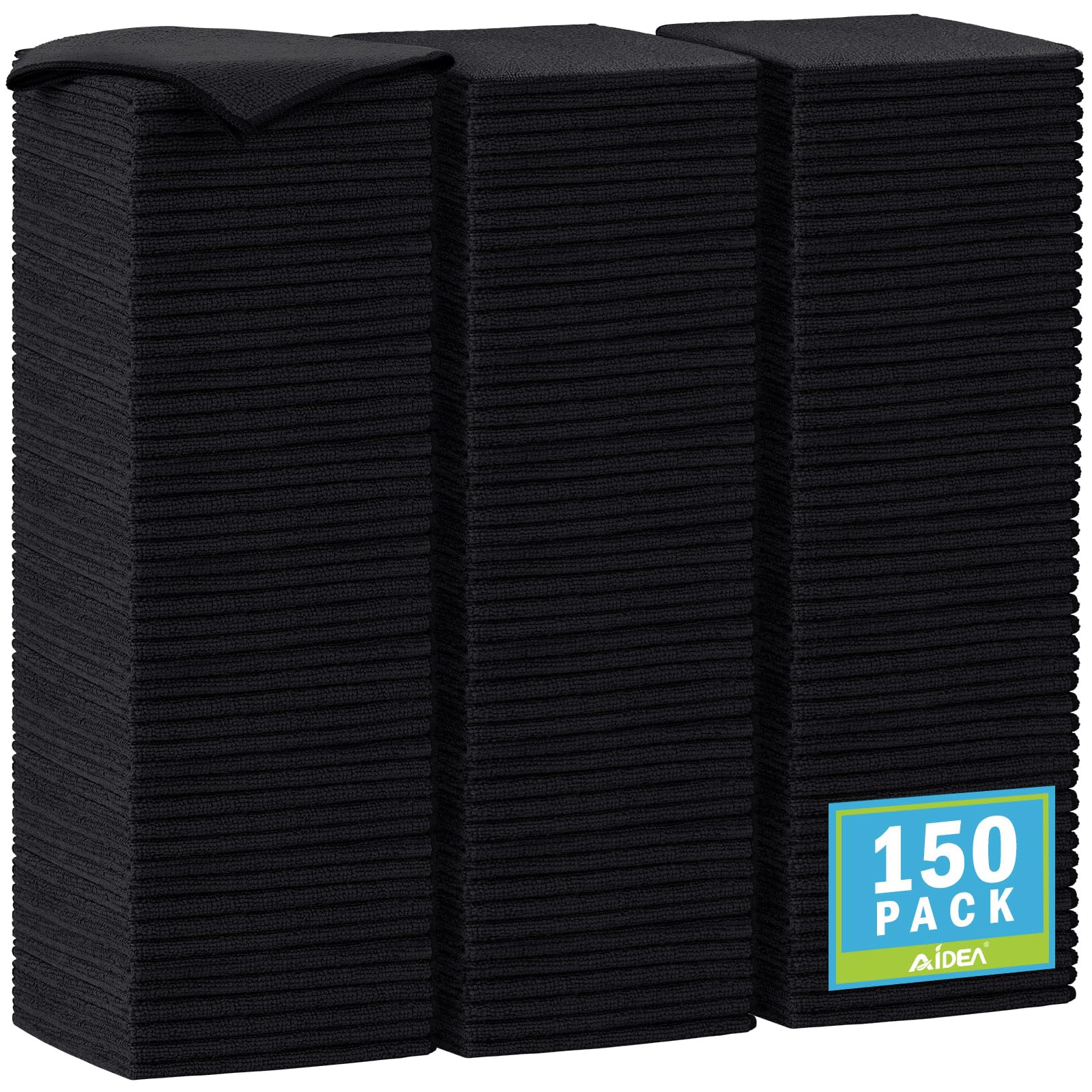 AIDEA 극세사 클리닝 천-150팩, 자동차용 부드러운 극세사 타월, 흡수성 클리닝 걸레, 집, 주방, 창문용 보풀 없는 줄무늬 없는 행주, 30.5 x 30.5cm(12 x 12인치), 블랙