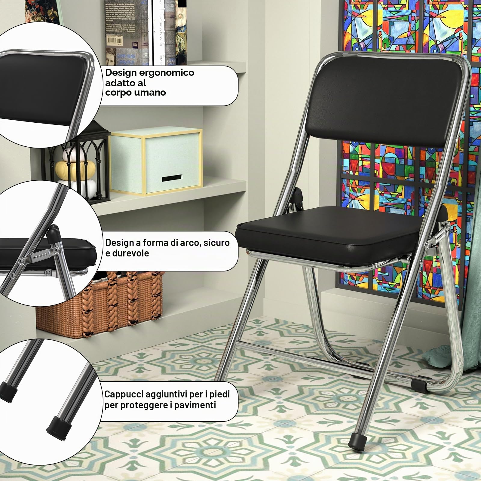 4 sedie pieghevoli con cuscini, tavolo imbottito salvaspazio per interni, sedie da cucina in pelle, design portatile Cact (nero)