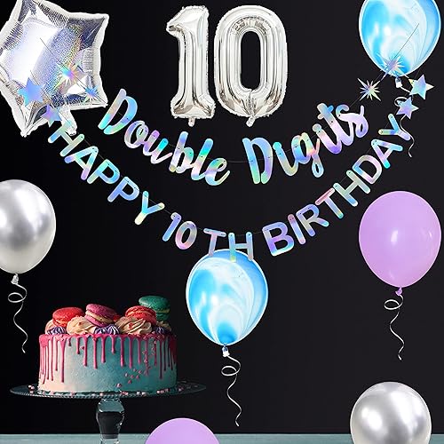 Miniatura 4 de Guirnalda iridiscente de doble dígito con texto en inglés "Happy 10th Birthday", guirnalda de globos de aluminio de 10 años para niñas y niños,