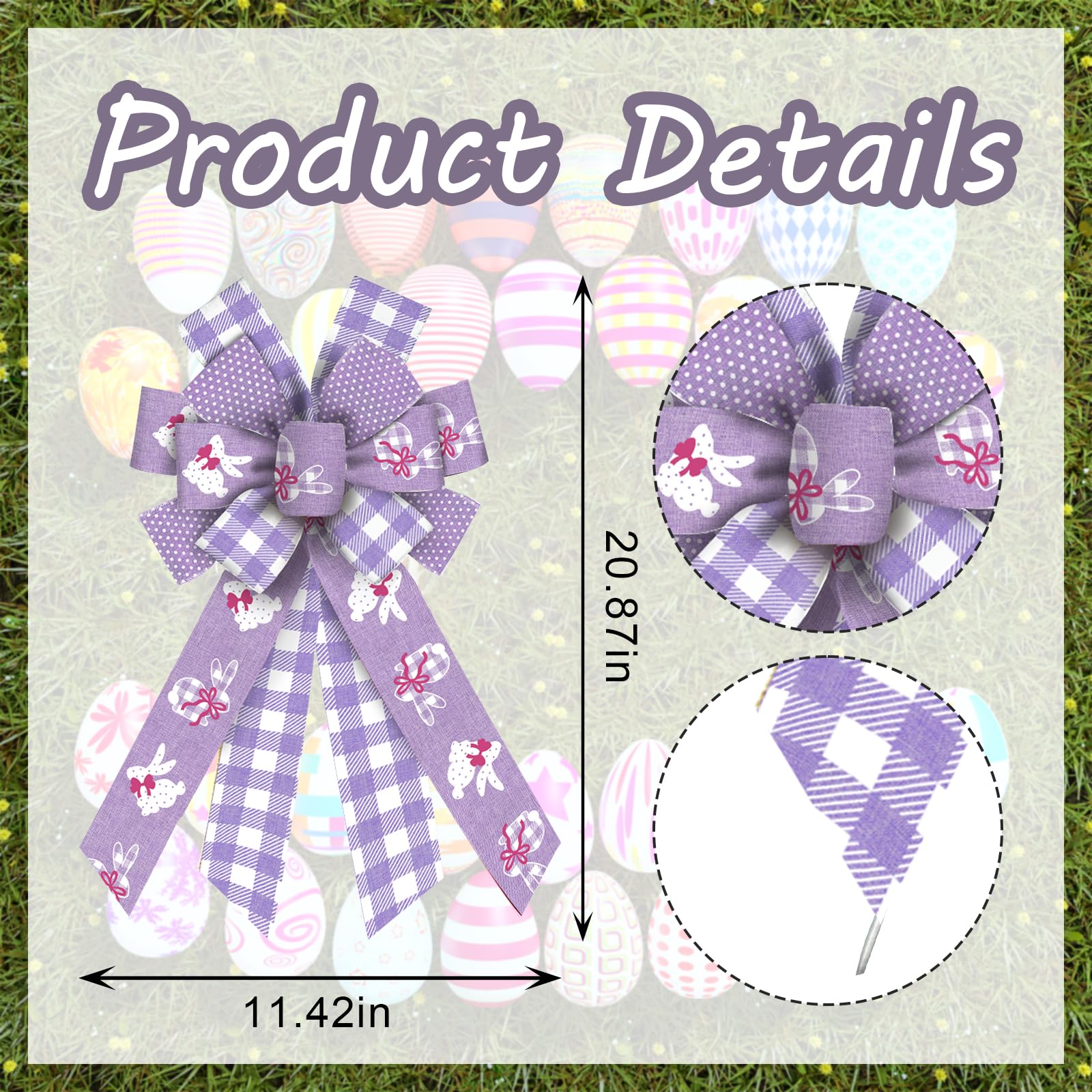 Threetols Easter Wreath Bows, Purple White Buffalo Plaid Bows for Wreath Easter Bunny Decorative Bows for Front Spring Easter Dot Ornaments Hanging Wreath Bow for Indoor Outdoor Decor