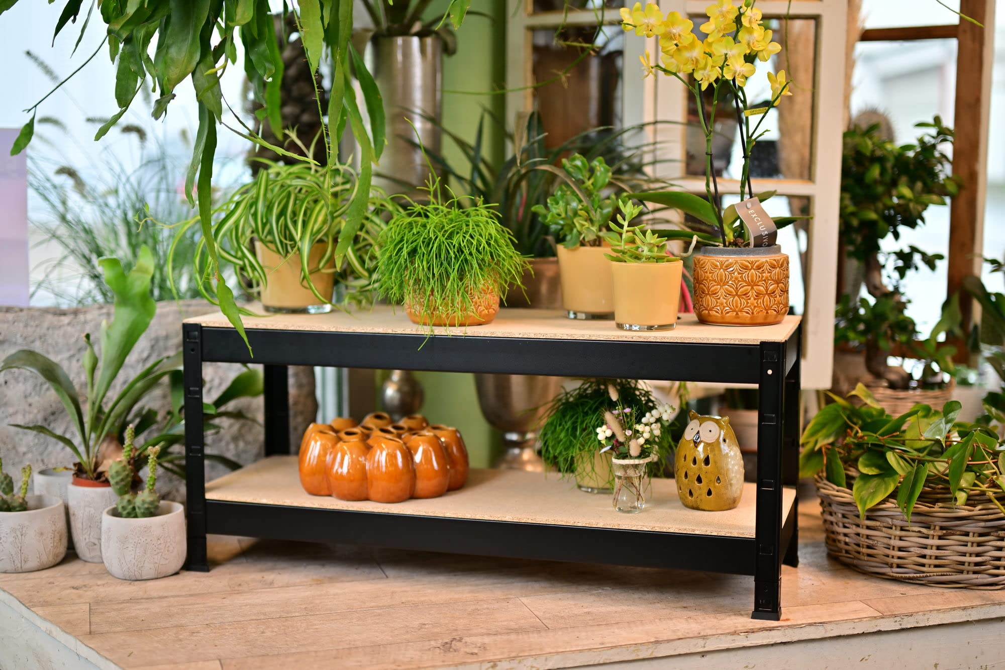 SCHULTE Regalwelt Schwerlastregal mit 2 Holzböden, 43x100x35 cm (HxBxT), Traglast pro Ebene ca. 90 Kg, schwarz-Struktur, Lagerregal, Kellerregal, Werkstattregal, Steckregal