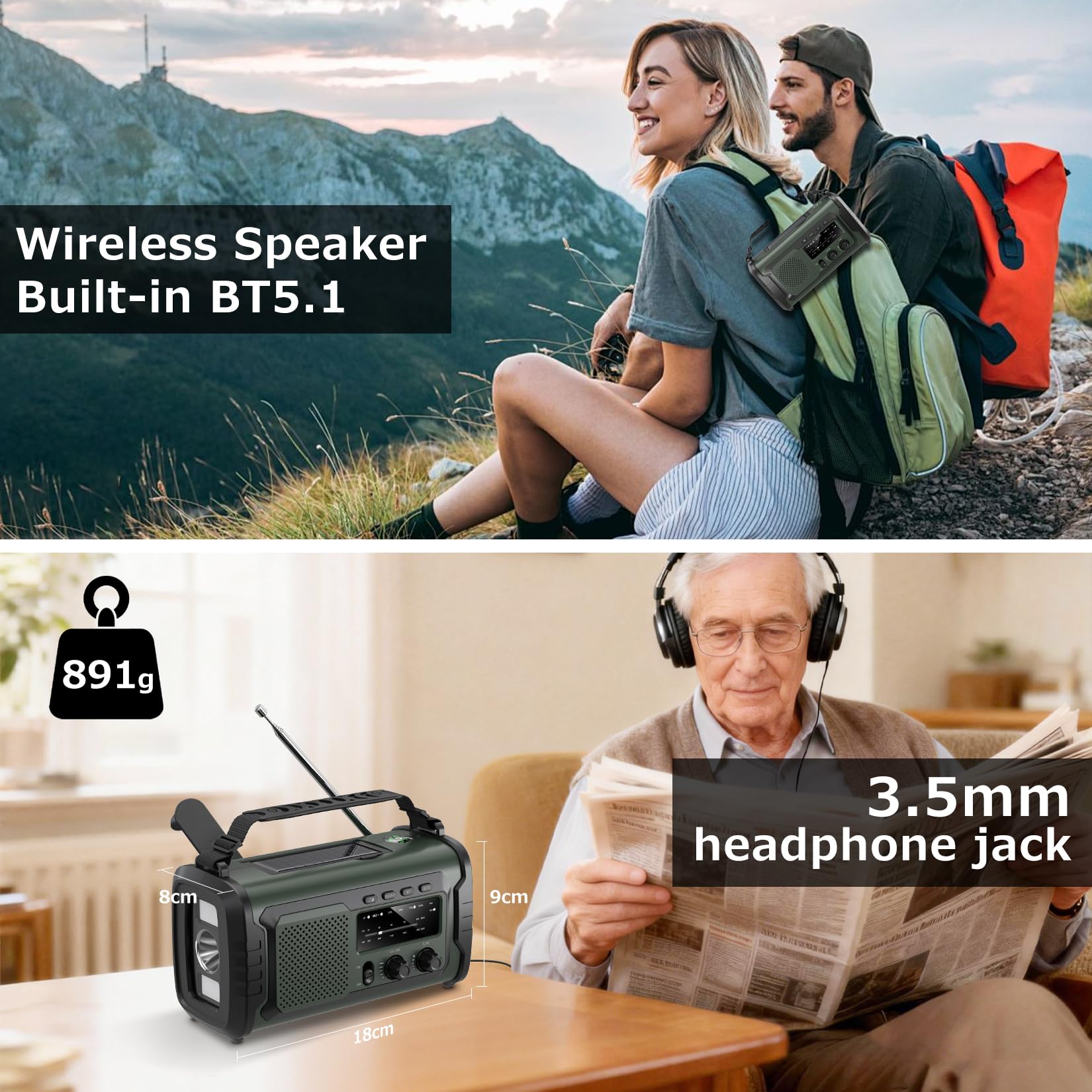 27000mAh Radio Survie, FM/AM Radios Solaire Survie avec Bluetooth 5.1/Alarme SOS/Boussole/Lampe De Poche, Radio Dynamo pour La Préparation en Plein Air Aux Catastrophes Naturelles