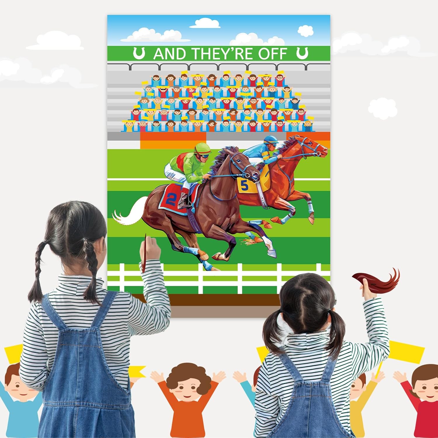 QOUBAI 32Pcs Derby Horse Games for Kids Pin The Tail on The Horse Poster Derby Party Games with Tail Stickers for Kentucky Decorations Racing Party Favors Supplies Kit for Kids Family Game