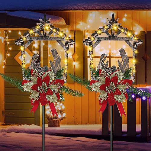 Miniatura 4 de 2 piezas de belén al aire libre, estacas de metal para decoración de Navidad, decoraciones de Navidad LED, escena de pesebre al aire libre iluminada