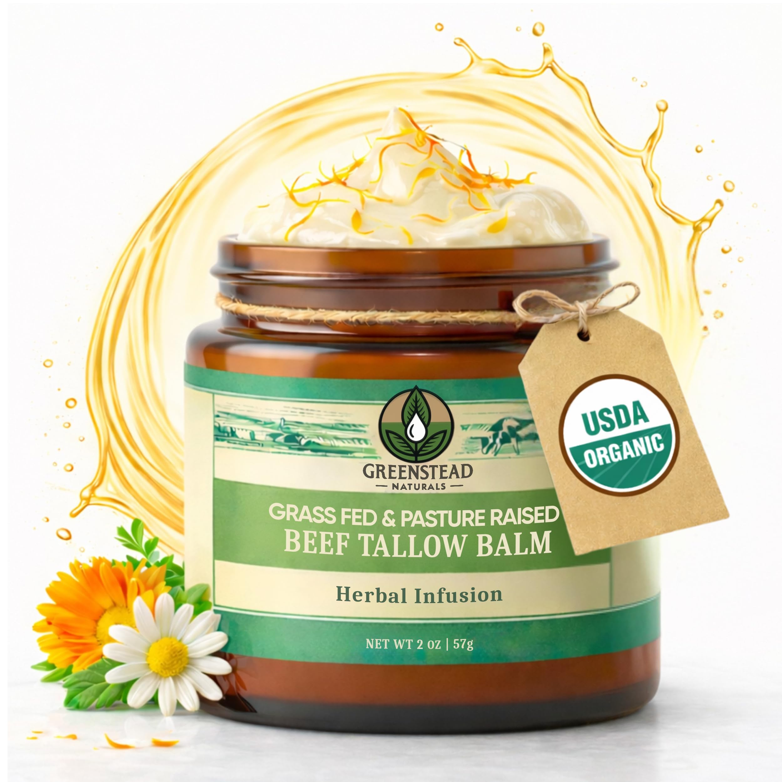 Greenstead Naturals Organic Beef Tallow for Skin – USDA-Certified Whipped Tallow Balm for Skin Face and Body with Jojoba Oil and Cocoa Butter – Unscented and Herb-Infused – 2 oz.