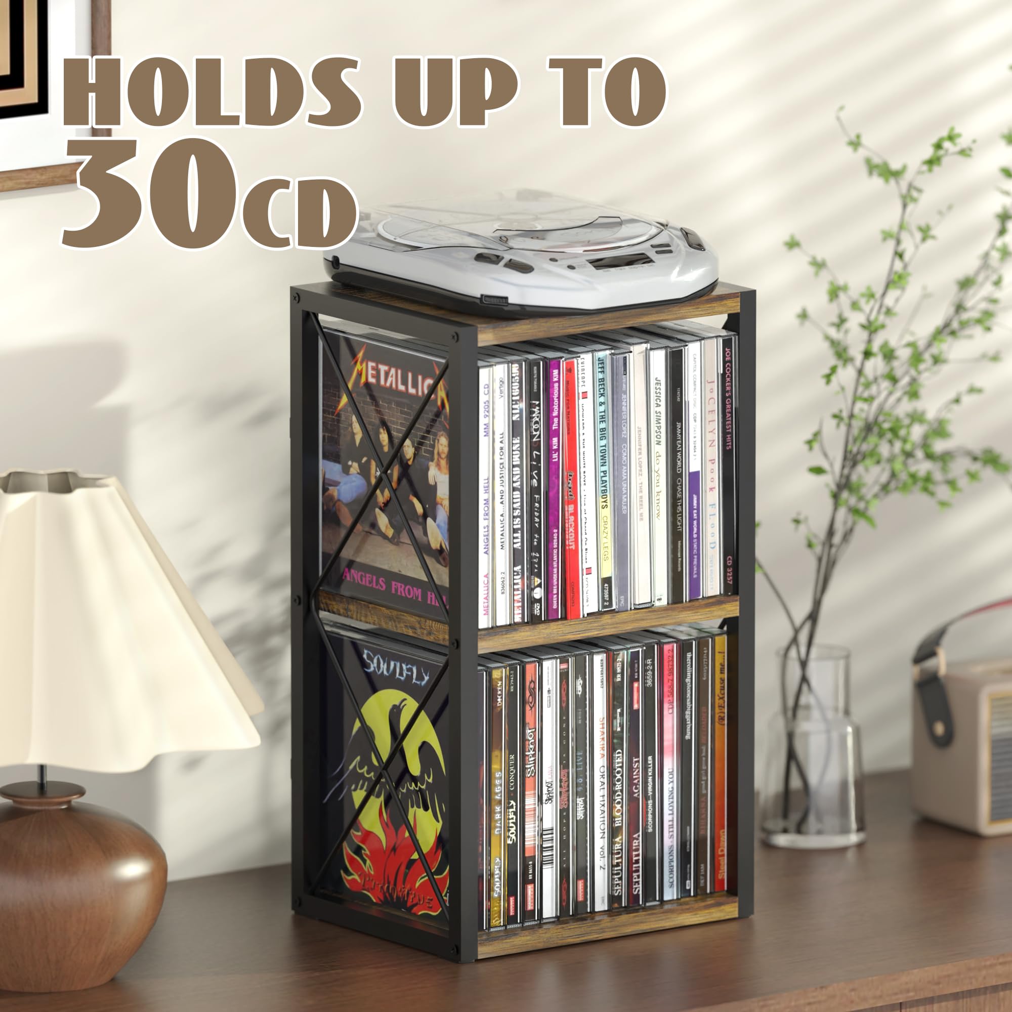 Alyoen Organizer per CD a 2 ripiani, in legno, può contenere fino a 30 CD, porta CD per esposizione, ripiano per CD di alta qualità per casa e ufficio, ideale per gli appassionati di musica