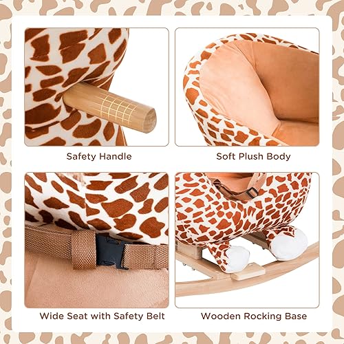 Miniatura 5 de Qaba Caballo mecedor de peluche para niños, estilo jirafa con canción para 18-36 meses, color marrón