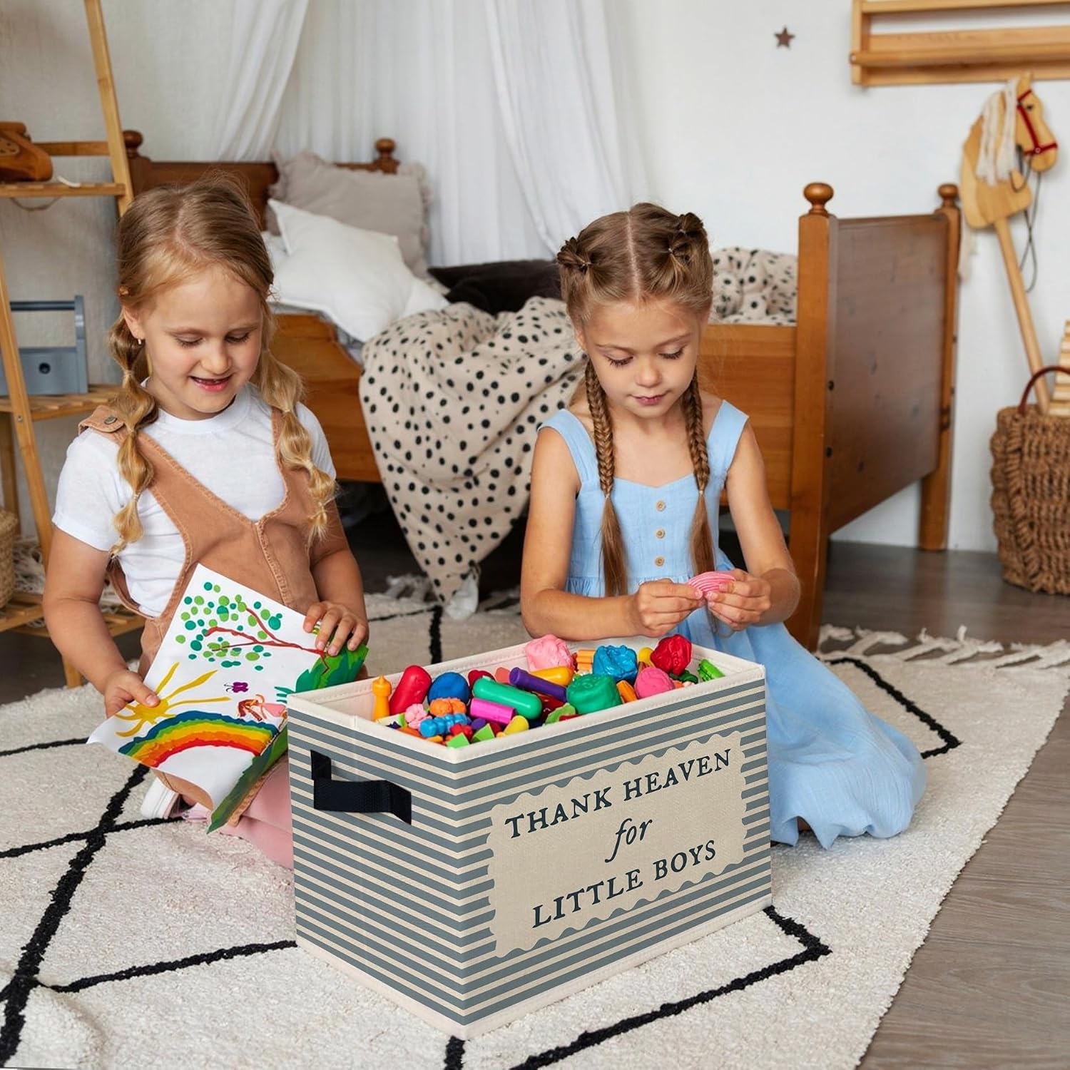 Boy Nursery Storage Bins Box with Handles, Thank Heaven for Little Boys Blue Striped Foldable Collapsible Basket Organizer for Toys Books Clothes Kids Boys Nursery Room Bedroom Playroom
