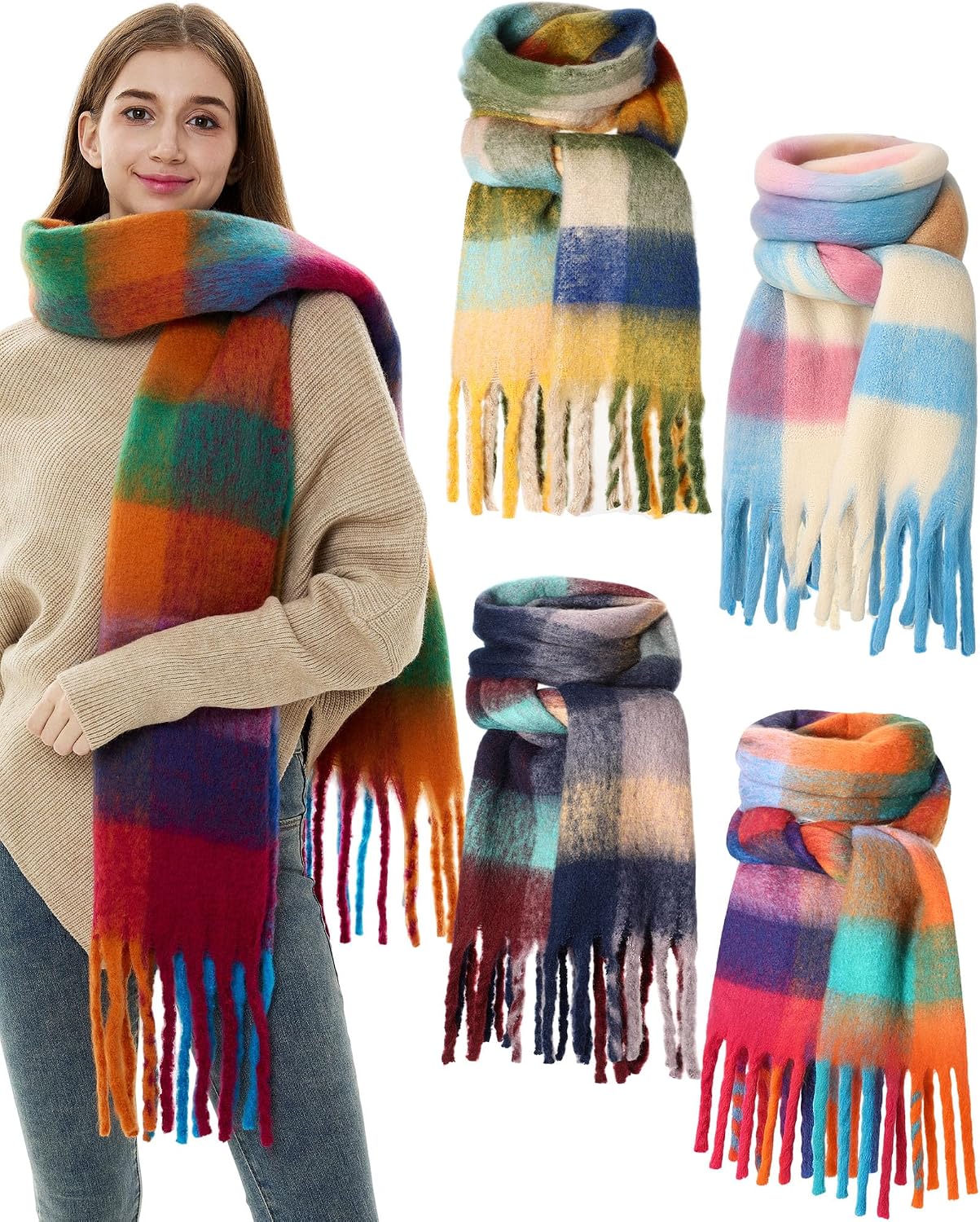 Shyyween 4 Pcs Large Chunky Plaid Scarf for Women Checked Scarf Shawl Blanket Warm Oversized Long Thick Gift