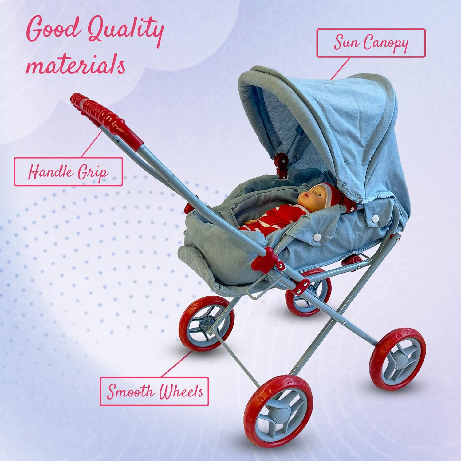 Light Denim 3-in-1 Doll Stroller with Removable Bassinet